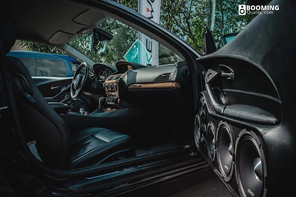 Car with built-in subwoofer audio in car door.